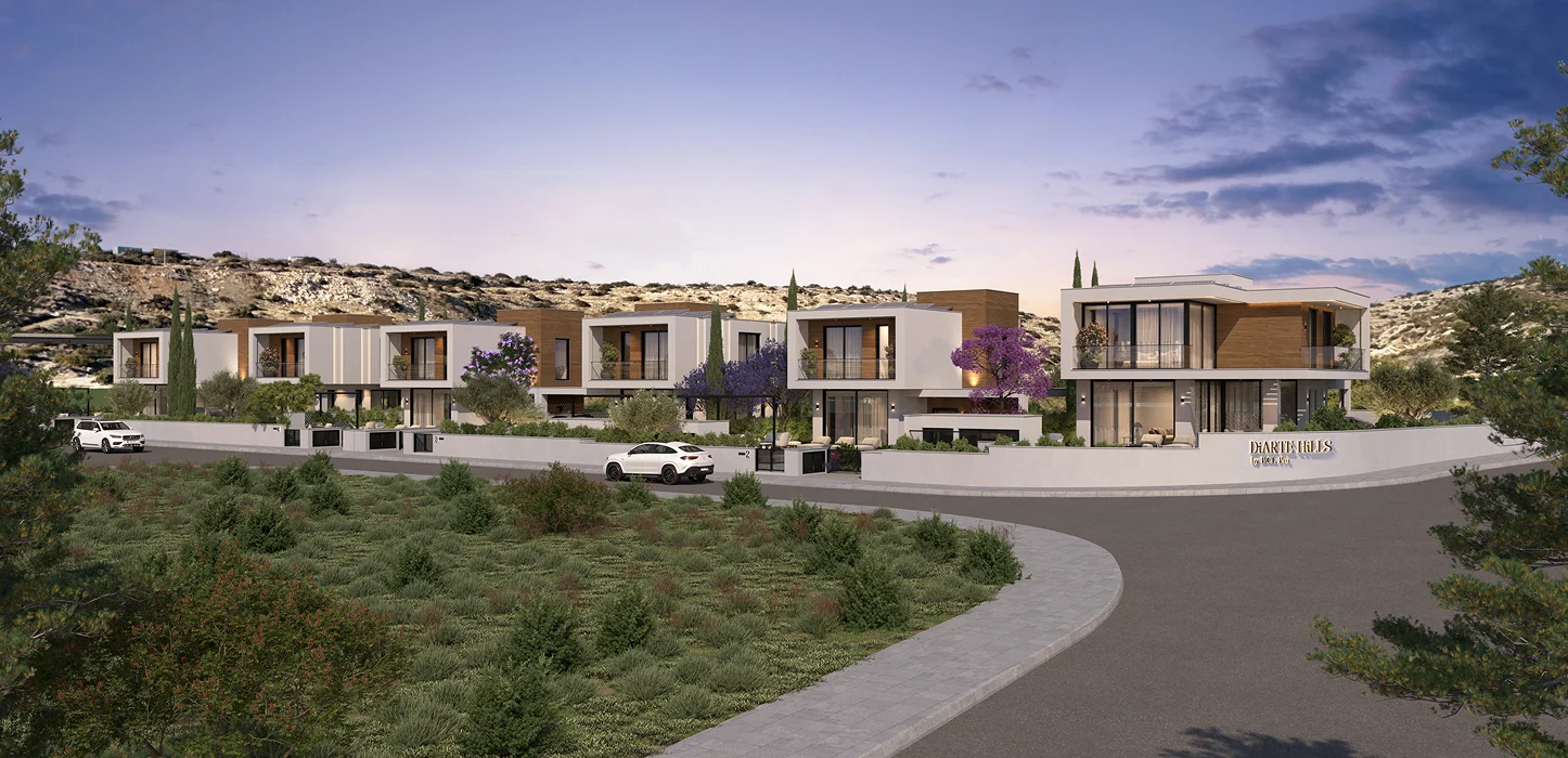 Modern luxury villas with large windows and balconies are lined up along a curved street, surrounded by greenery and landscaped gardens, with hills and a twilight sky in the background.